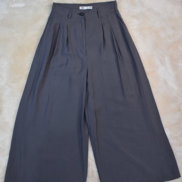 Zara Super High Rise Wide Leg Cropped Gray Dress Pants Women’s Small Work Chic - Picture 3 of 13